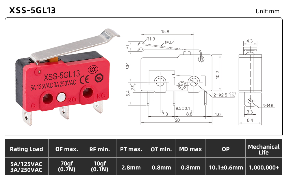 XSS-5 Series Micro Switch XSS-5GL13 dimension image