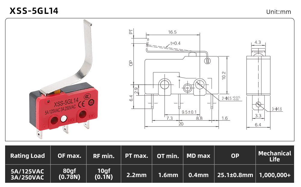 XSS-5 Series Micro Switch XSS-5GL14 dimension image
