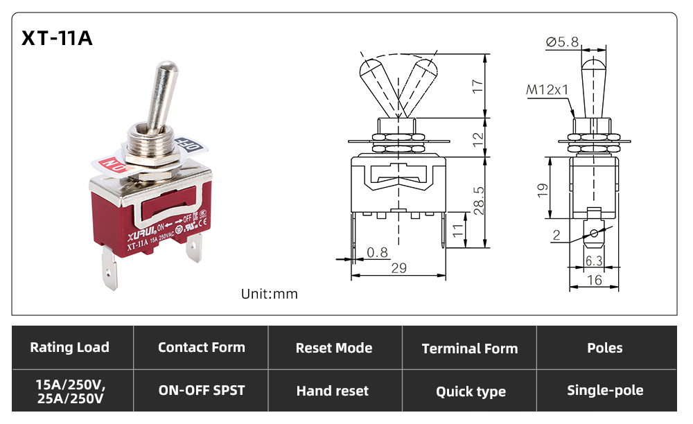 XT Series Toggle Switch XT-11A dimension image