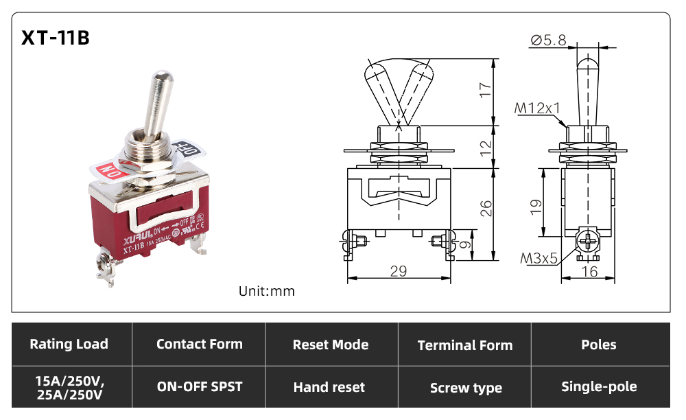XT Series Toggle Switch XT-11B dimension image