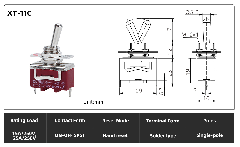XT Series Toggle Switch XT-11C dimension image