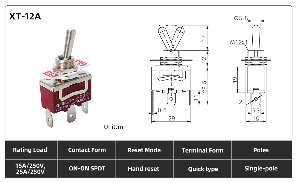 XT Series Toggle Switch XT-12A dimension image