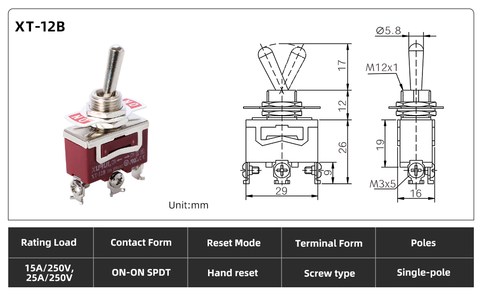 XT Series Toggle Switch XT-12B dimension image