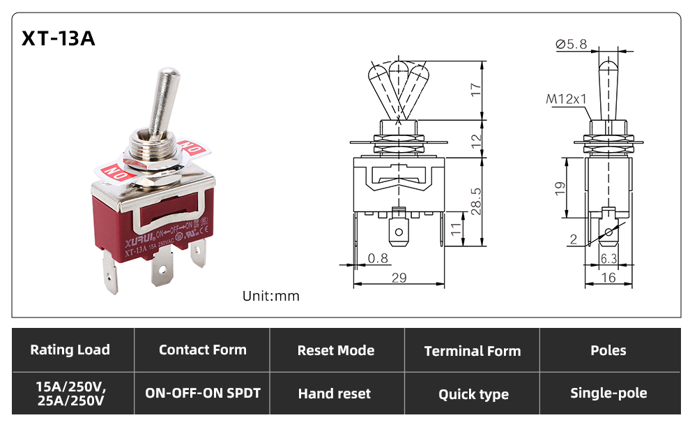 XT Series Toggle Switch XT-13A dimension image