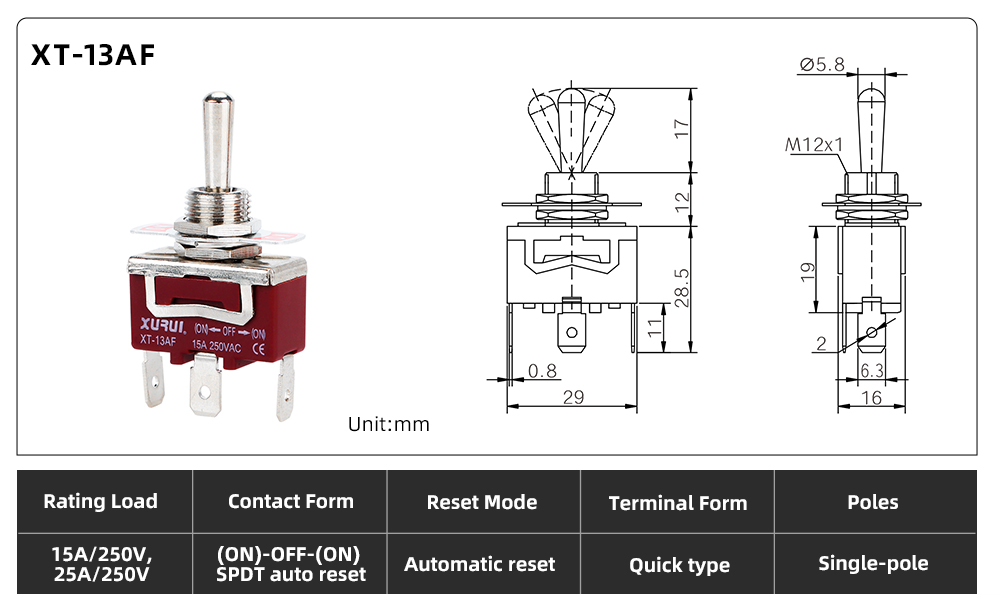 XT Series Toggle Switch XT-13AF dimension image