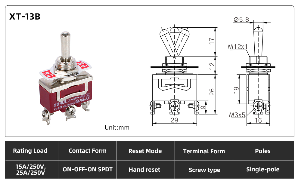 XT Series Toggle Switch XT-13B dimension image