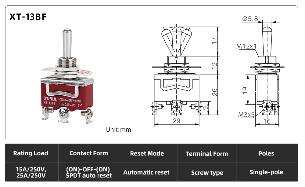 XT Series Toggle Switch XT-13BF dimension image