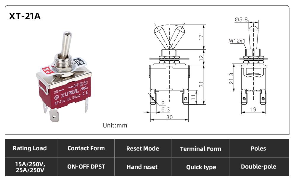 XT Series Toggle Switch XT-21A dimension image