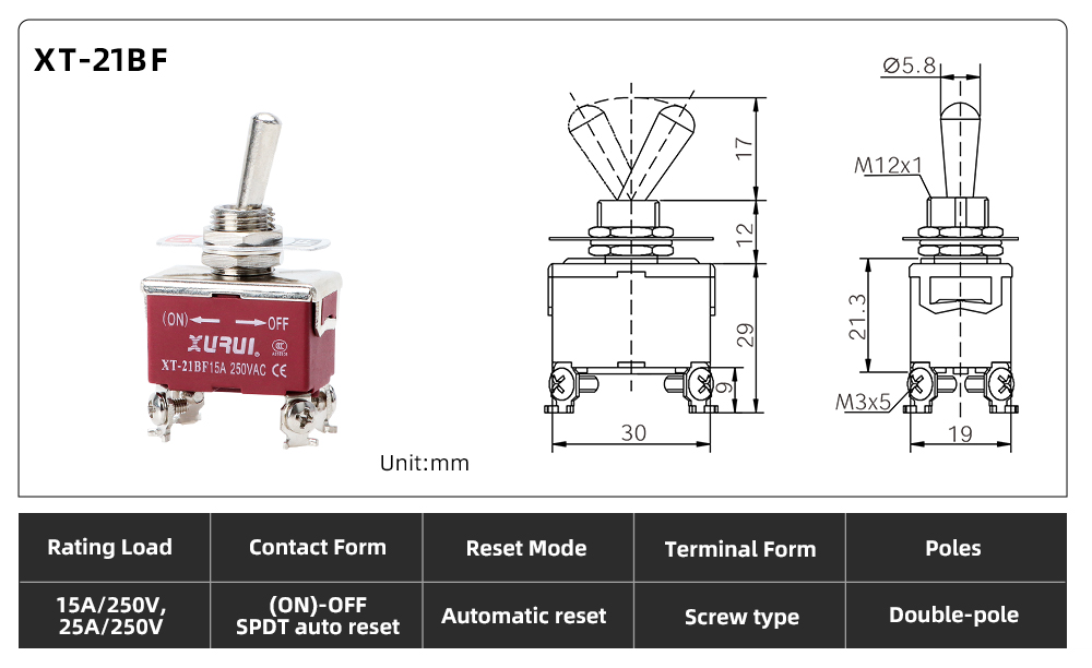 XT Series Toggle Switch XT-21BF dimension image