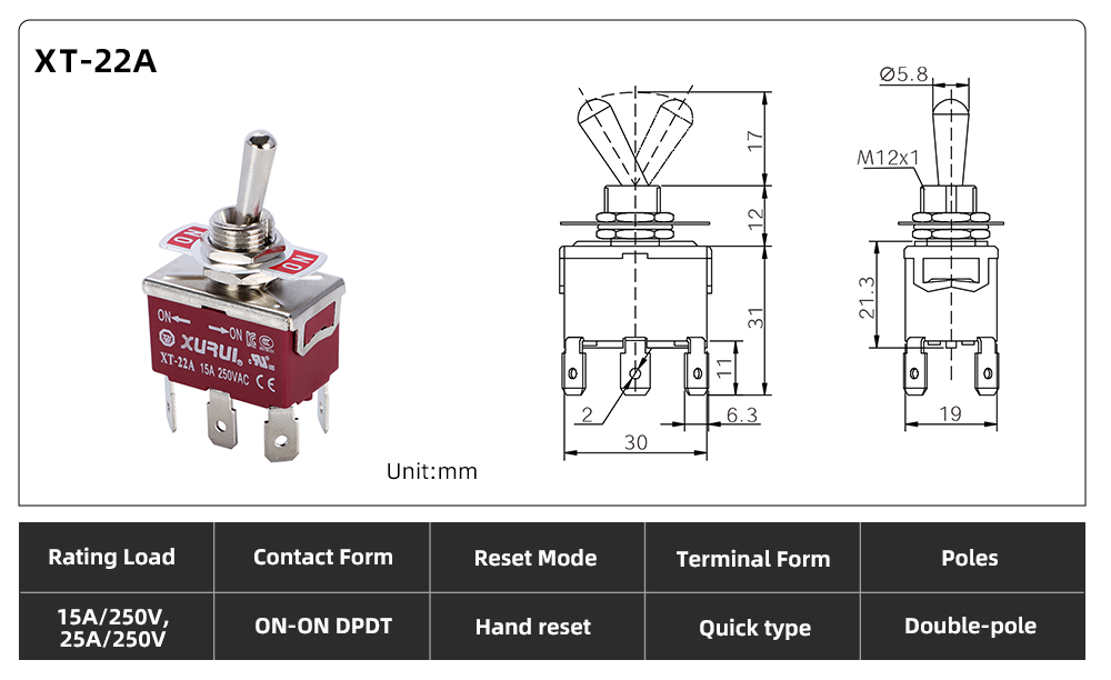 XT Series Toggle Switch XT-22A dimension image
