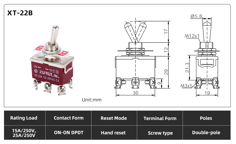 XT Series Toggle Switch XT-22B dimension image