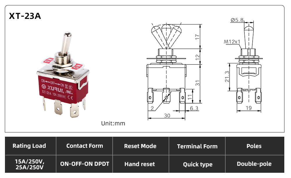 XT Series Toggle Switch XT-23A dimension image