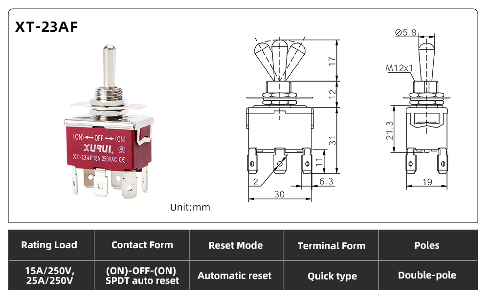 XT Series Toggle Switch XT-23AF dimension image
