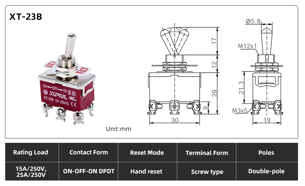 XT Series Toggle Switch XT-23B dimension image