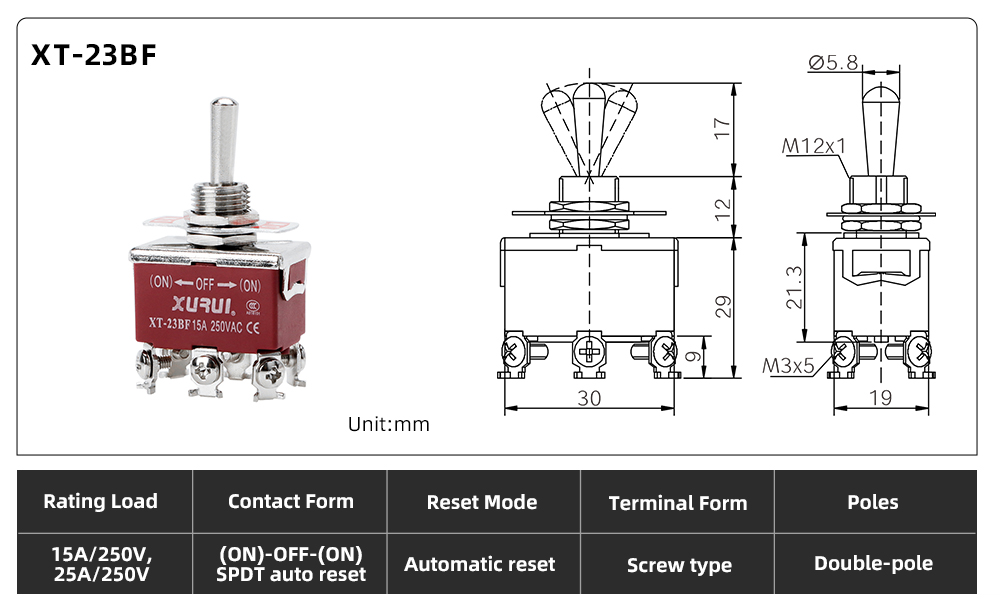 XT Series Toggle Switch XT-23BF dimension image