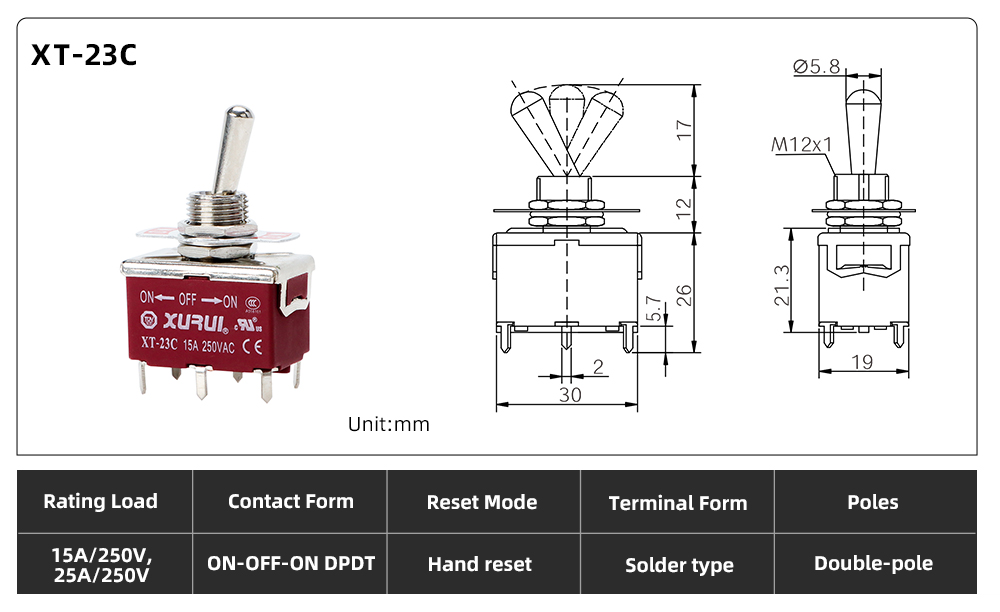 XT Series Toggle Switch XT-23C dimension image