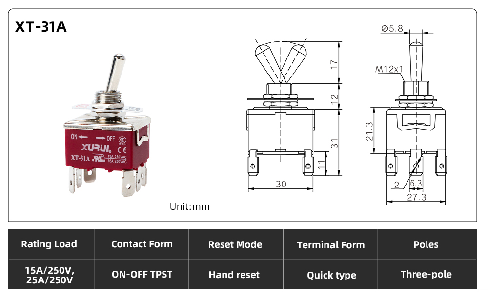 XT Series Toggle Switch XT-31A dimension image