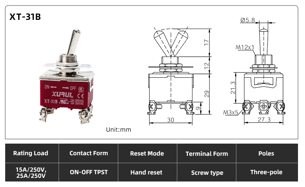 XT Series Toggle Switch XT-31B dimension image