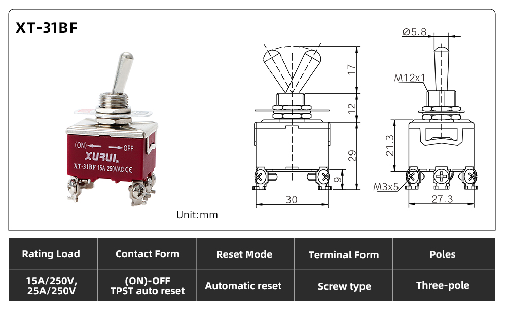 XT Series Toggle Switch XT-31BF dimension image