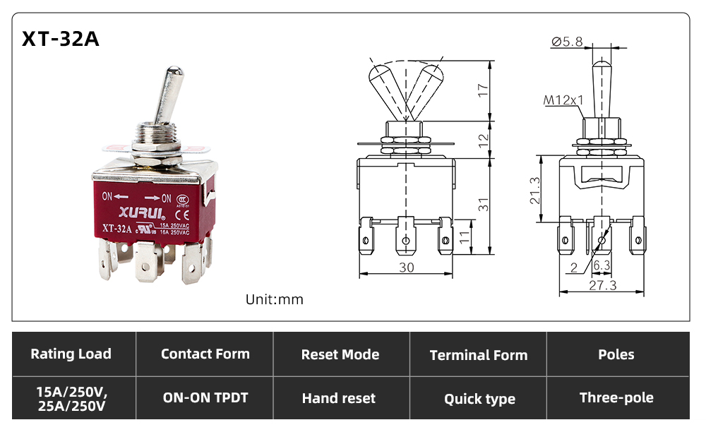 XT Series Toggle Switch XT-32A dimension image