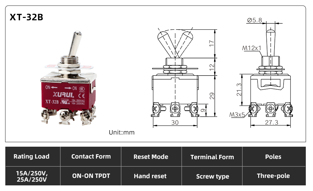 XT Series Toggle Switch XT-32B dimension image