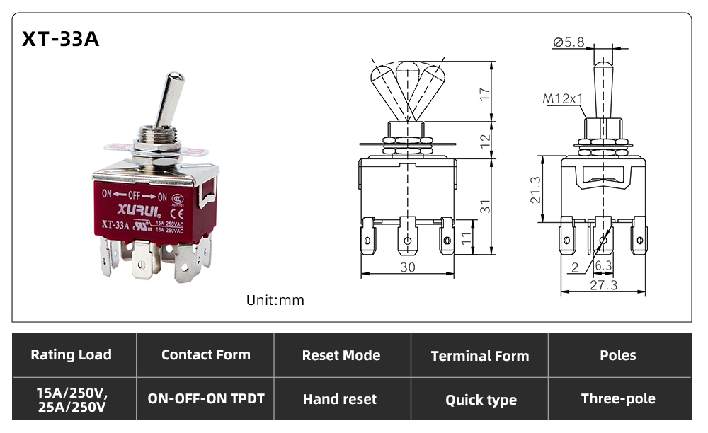 XT Series Toggle Switch XT-33A dimension image