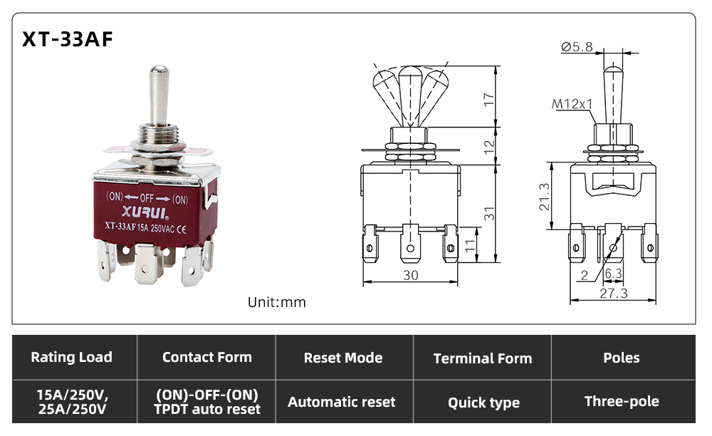 XT Series Toggle Switch XT-33AF dimension image
