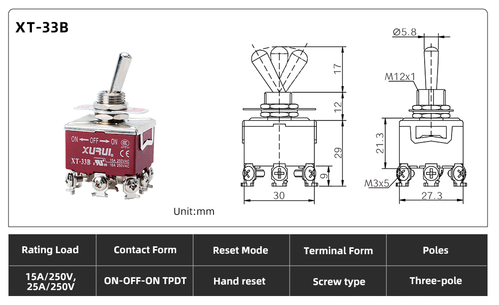 XT Series Toggle Switch XT-33B dimension image