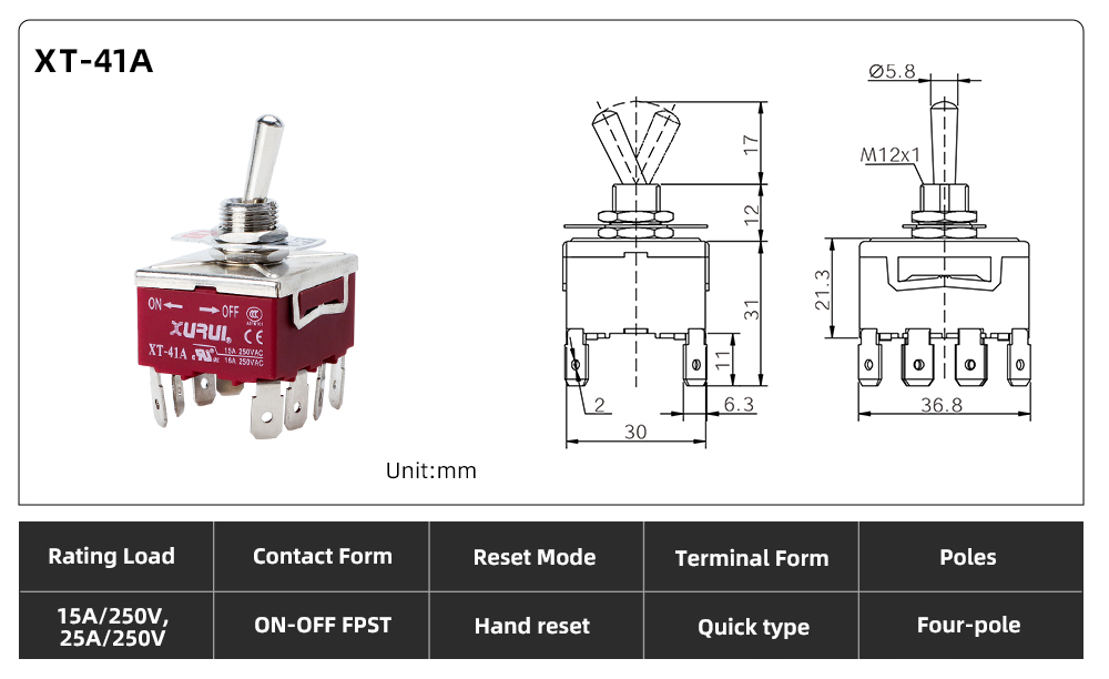 XT Series Toggle Switch XT-41A dimension image
