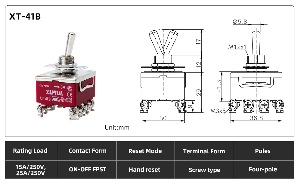 XT Series Toggle Switch XT-41B dimension image
