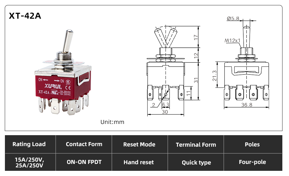 XT Series Toggle Switch XT-42A dimension image