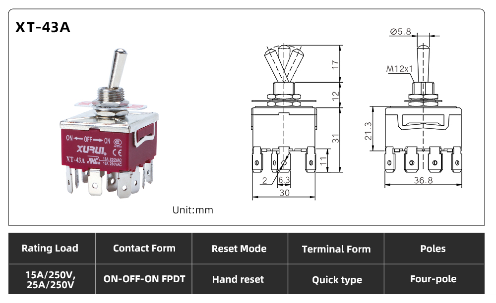 XT Series Toggle Switch XT-43A dimension image