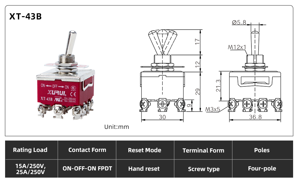 XT Series Toggle Switch XT-43B dimension image