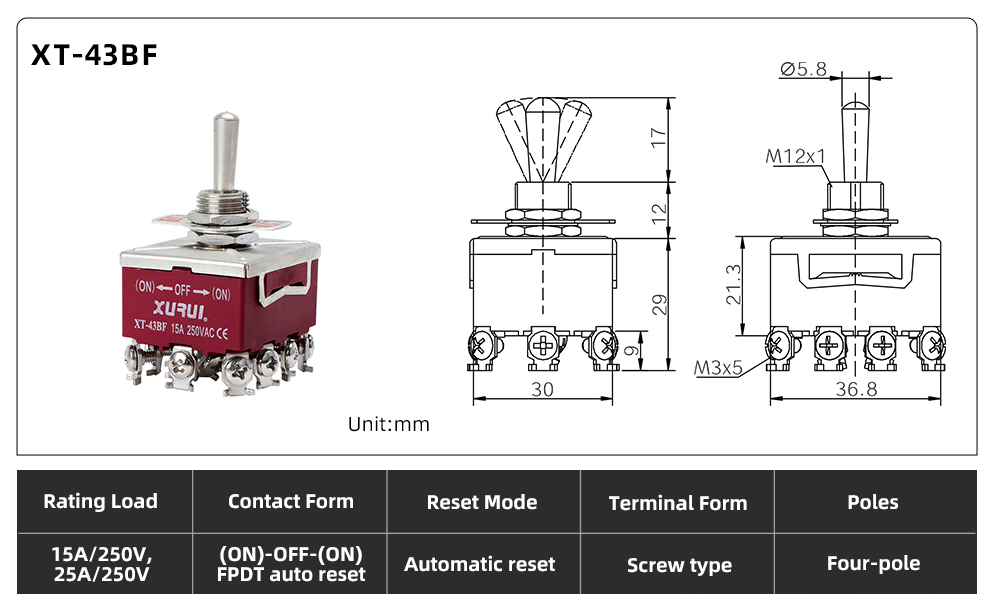 XT Series Toggle Switch XT-43BF dimension image