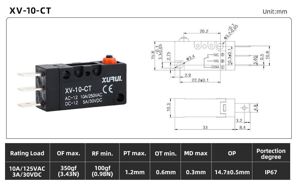 XV-10 Waterproof Micro Switch XV-10-CT dimension image