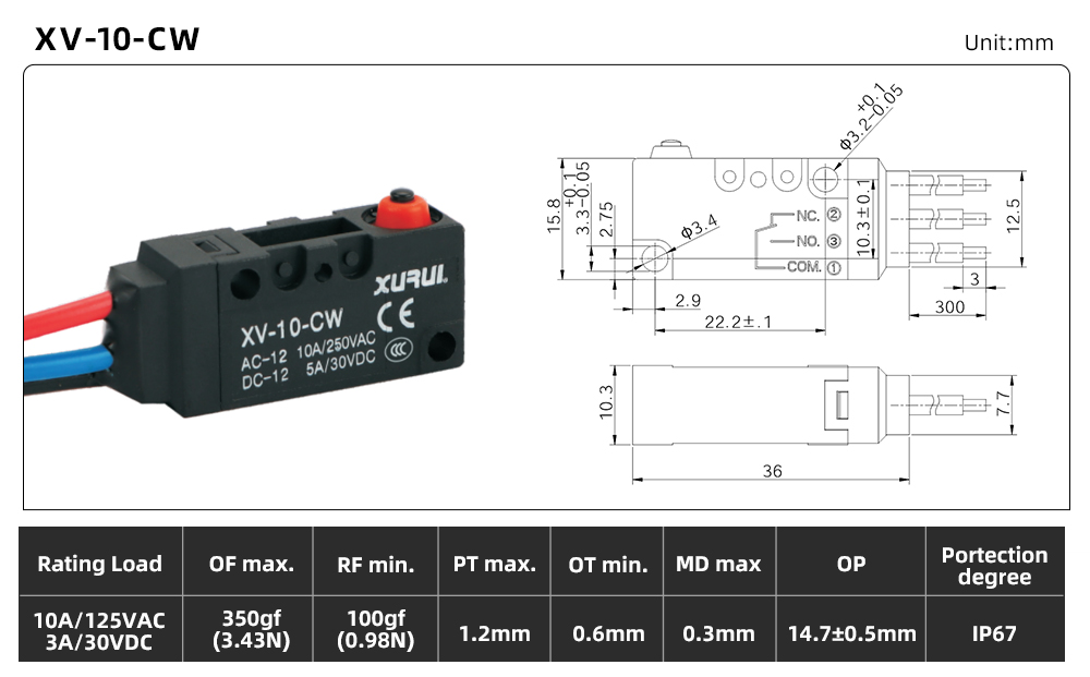 XV-10 Waterproof Micro Switch XV-10-CW dimension image
