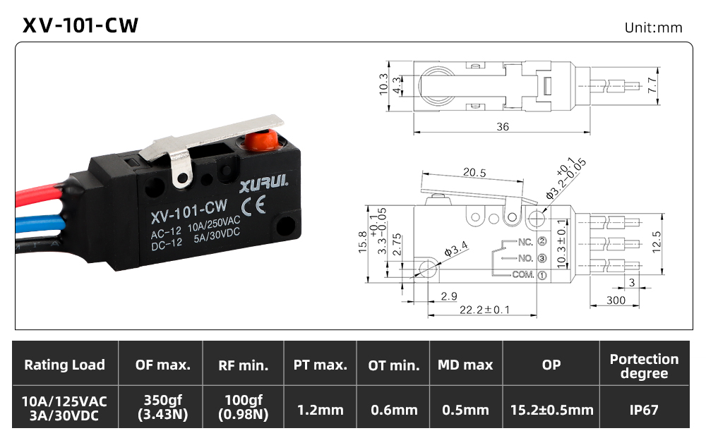 XV-10 Waterproof Micro Switch XV-101-CW dimension image