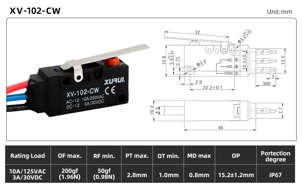 XV-10 Waterproof Micro Switch XV-102-CW dimension image