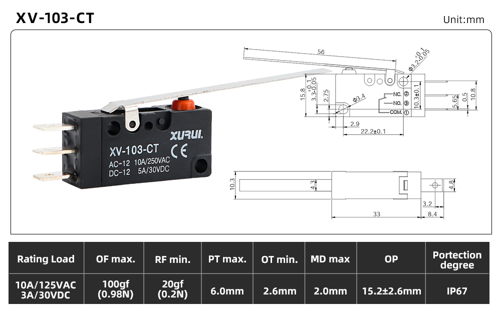 XV-10 Waterproof Micro Switch XV-103-CT dimension image