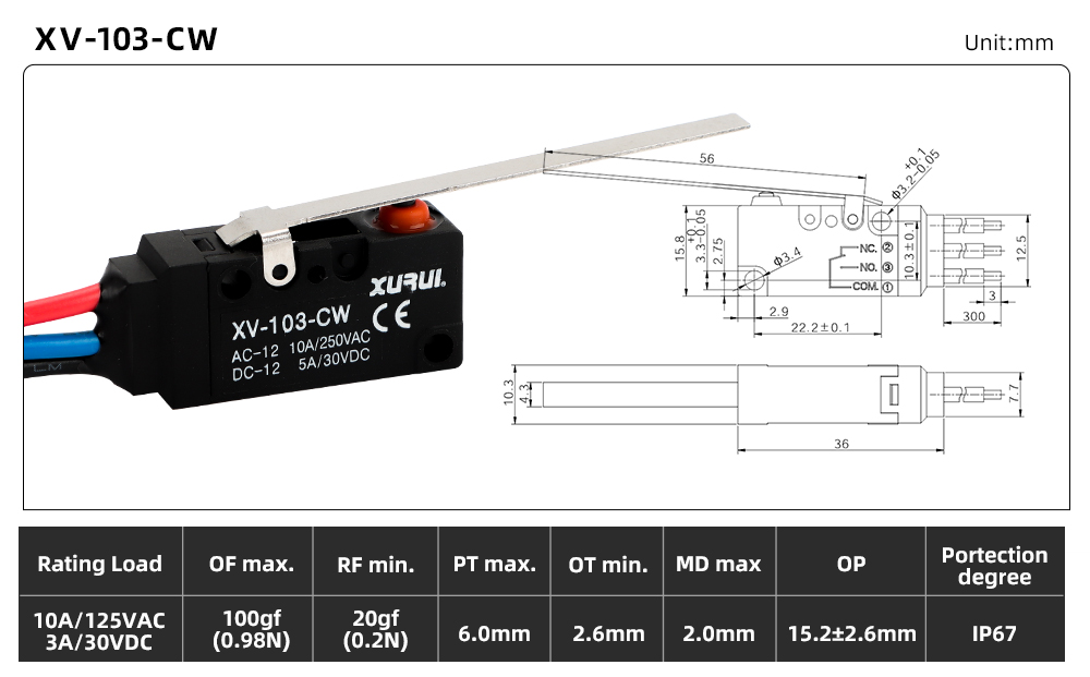 XV-10 Waterproof Micro Switch XV-103-CW dimension image