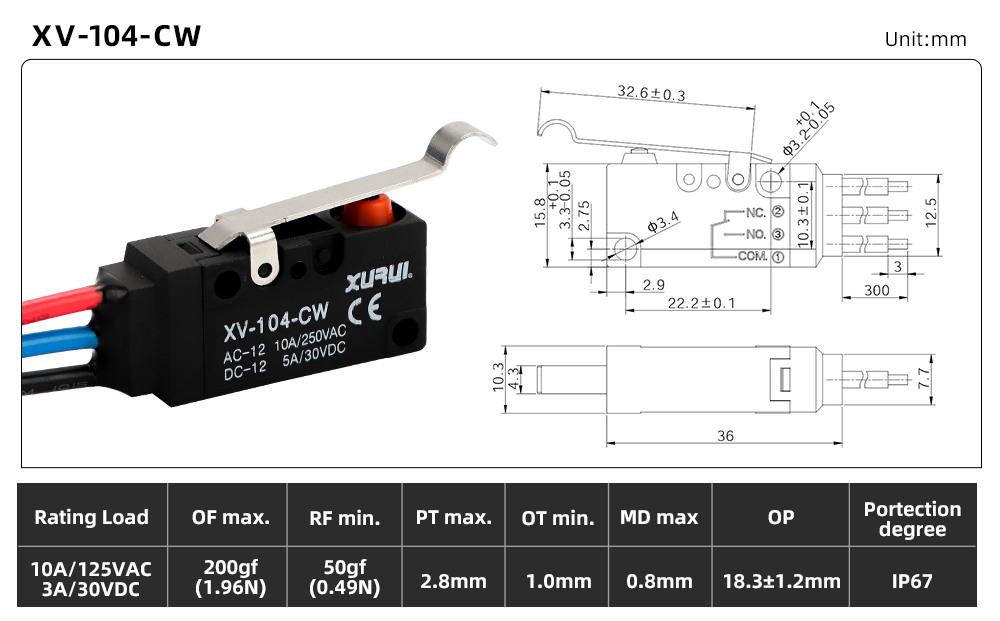 XV-10 Waterproof Micro Switch XV-104-CW dimension image