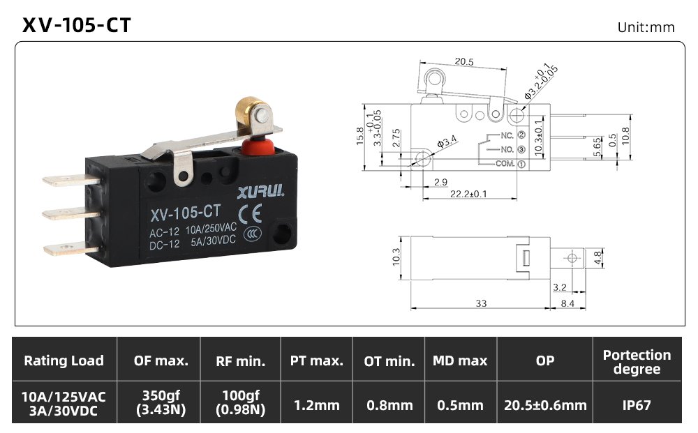 XV-10 Waterproof Micro Switch XV-105-CT dimension image
