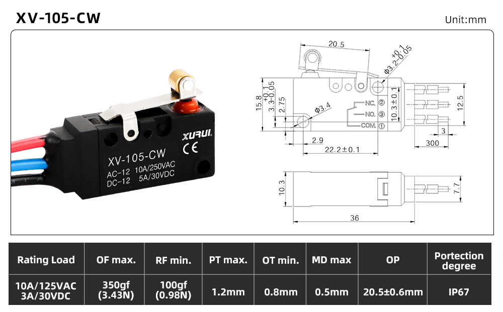 XV-10 Waterproof Micro Switch XV-105-CW dimension image