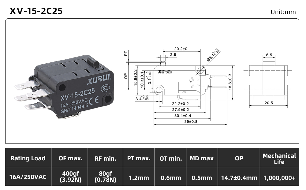 XV-15 Series Micro Switch (16A) XV-15-2C25