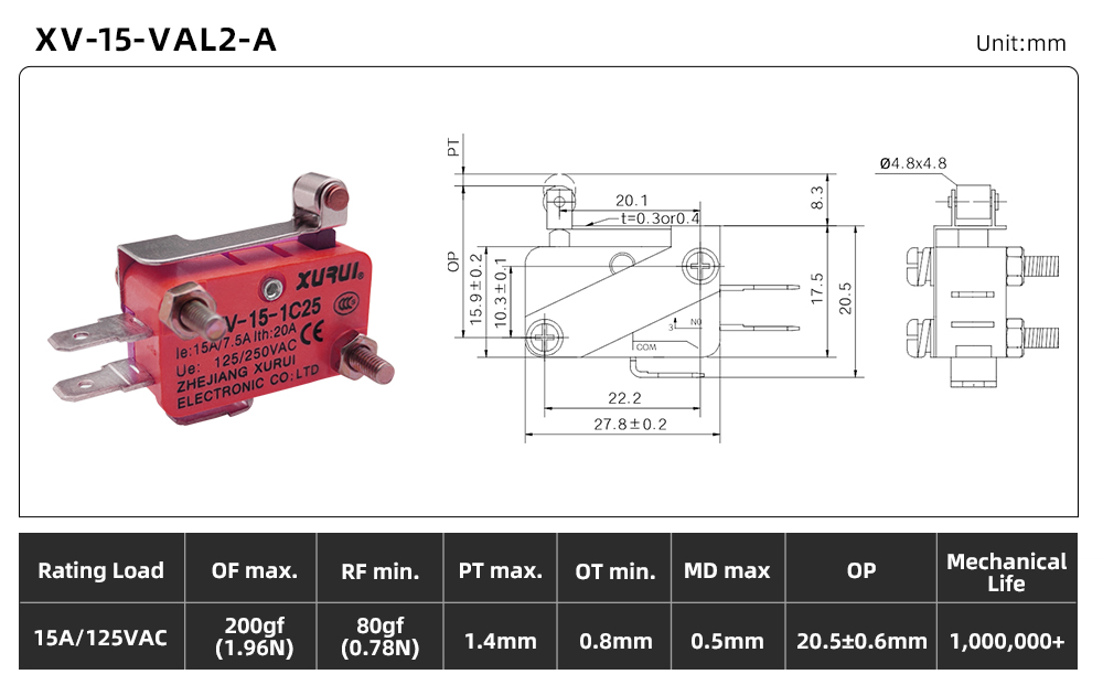 XV-15 Series Micro Switch (15A) XV-15-VAL2-A