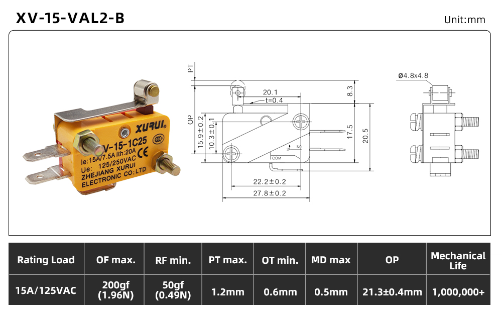 XV-15 Series Micro Switch (15A) XV-15-VAL2-B