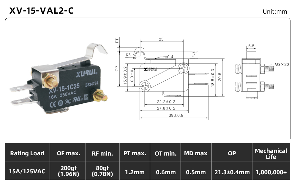 XV-15 Series Micro Switch (15A) XV-15-VAL2-C