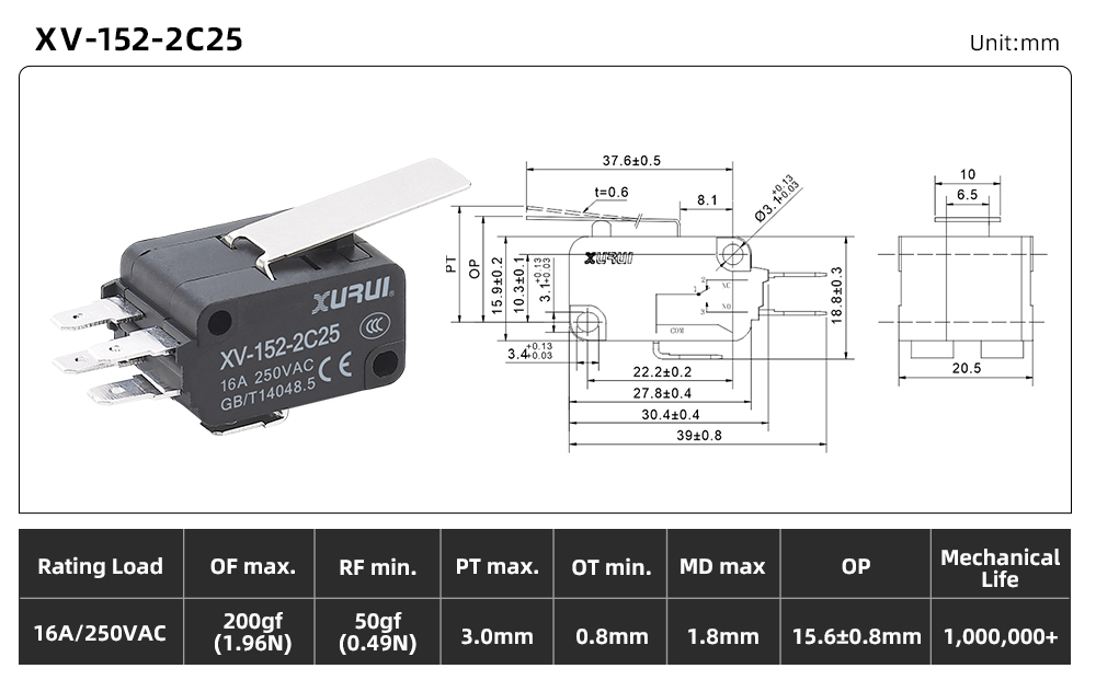 XV-15 Series Micro Switch (16A) XV-152-2C25