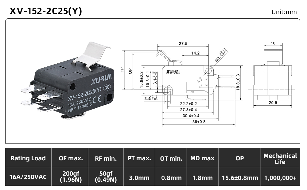 XV-15 Series Micro Switch (16A) XV-152-2C25Y