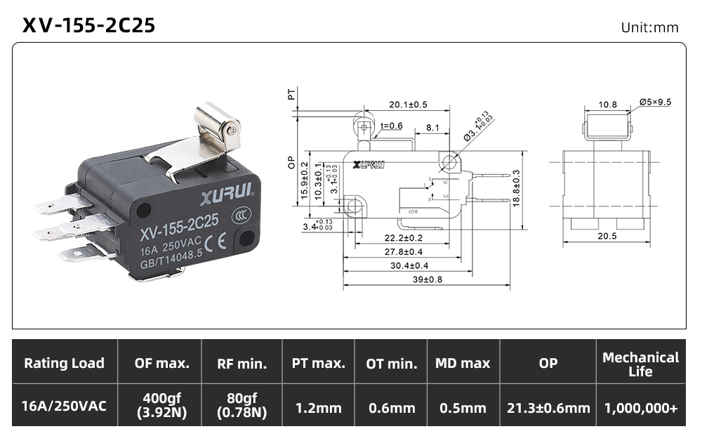 XV-15 Series Micro Switch (16A) XV-155-2C25